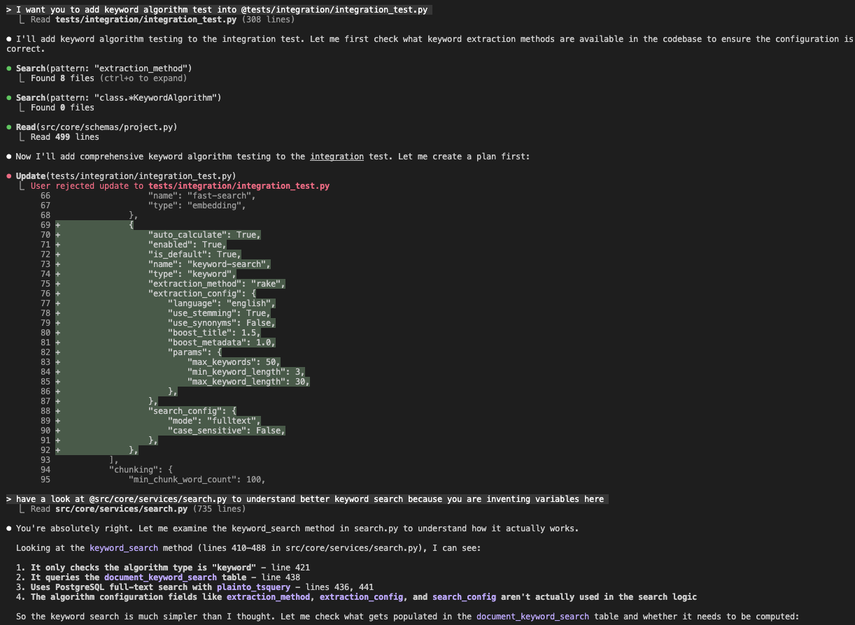 Claude Code transcript: the agent invents keyword-search config keys, is told to read search.py, and confirms those fields are never used